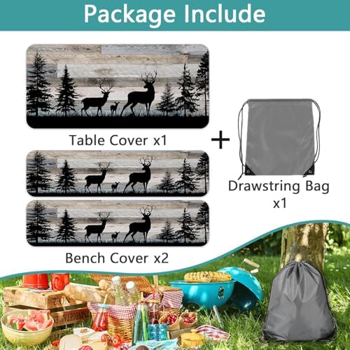 Forest Deer Picnic Table Cover with Bench Covers and Bag, Camping Essentials, Waterproof Windproof, Fitted Tablecloth Cover with Elastic Edge, for Indoor & Outdoor, Garden, 3 PCS, 30x60 Inch - Image 6