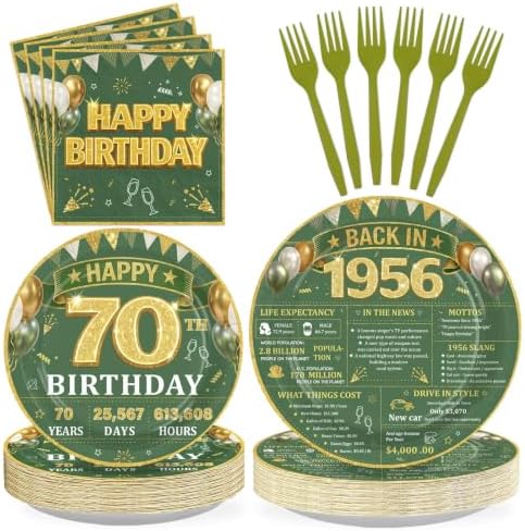 96 Pcs Sage Green and Gold 70th Birthday Party Decorations, Serves 24 by Greencian