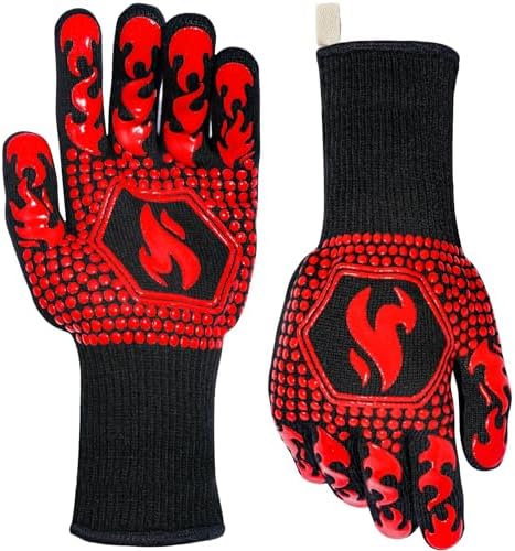 QUWIN BBQ Gloves, Oven Gloves 1472℉ Extreme Heat Resistant, Grilling Gloves Silicone Non-Slip Oven Mitts, Kitchen Gloves for BBQ, Grilling, Cooking, Baking-1 Pair… (One Size(Long Cuff), Red) by QUWIN