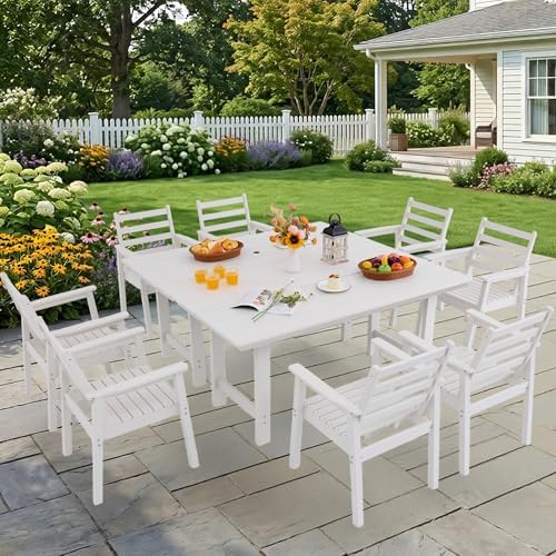 10-Piece Outdoor Dining Set, All-Weather HDPE Patio Furniture, Two 66.5" Slatted Table with 1.6" Umbrella Hole & 8 Ergonomic Armchairs, Heavy Duty 350lbs Capacity, UV Resistant, White by Unknown