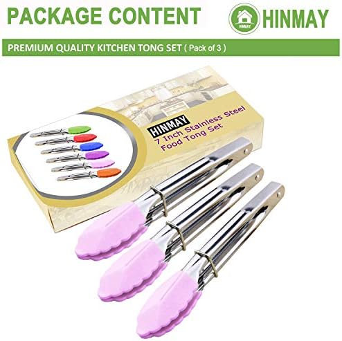 HINMAY 7-Inch Serving Tongs with Silicone Tips, Set of 3 (Pink) - Image 2