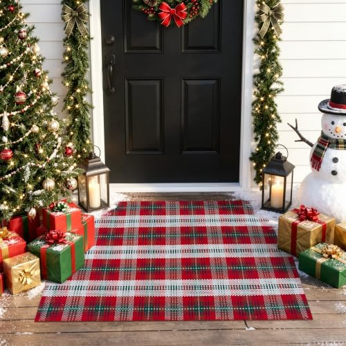 OJIA Christmas Front Door Mat Outdoor 27.5"x43" Red Green Plaid Porch Rug - Image 6