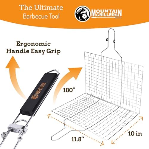 Mountain Grillers BBQ Grill Basket - Stainless Steel Outdoor Grilling Rack for Fish, Vegetable, Chicken and Others - Charcoal Grill Tray Basket with Wooden Handle - Tools for Cooking Grilled Barbecue - Image 3