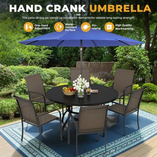 Incbruce 8 PCS Patio Dining Set with Dark Blue Umbrella, Outdoor Dining Set of 6 Textilene Chairs and 53" Round Table with Umbrella Hole for Backyard, Garden, and Poolside (Brown) - Image 6