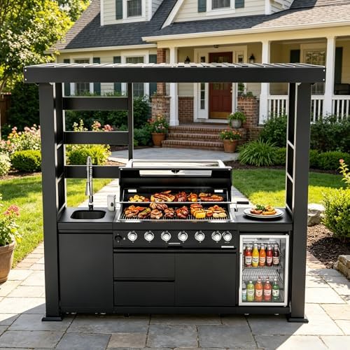 94" Stainless Steel Outdoor Kitchen Island with 6-Burner 85000 BTU,Heavy-Duty Propane Grill with Rotisserie Oven,Galvanized Steel Roof,Granite Countertops,Refrigerator,Sink.(Propane Gas) by INOTEVERITORY