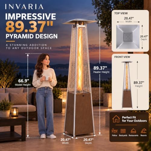 INVARIA Pyramid Patio Heater, 48,000 BTU Propane Outdoor Heater with Glass Tube Flame, ETL Certified, Triple Safety Protection, Wheels & Cover Included for Patio Backyard Poolside (Brown) - Image 4