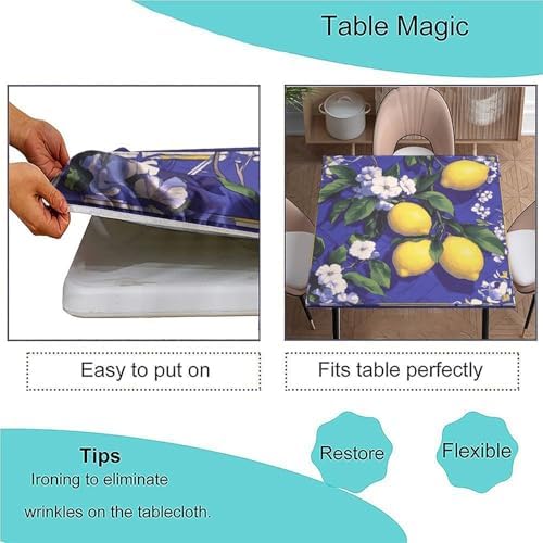 Square Fitted Table Cloth, Lemon and Tile Pattern Printed on Polyester Table Covers for Card Tables, Perfect for Everyday Use Home Decor, Fit for 60" x 60" Square Tables - Image 3