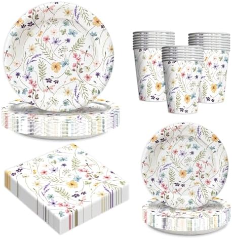 100Pcs Wildflower Party Supplies Spring Floral Wedding Birthday Decoration Include Wildflower Plates Napkins and Cups for Spring Summer Picnic Wedding Baby Shower Tea Party Decor,Serve 25 (White) by GOGUOGOFA