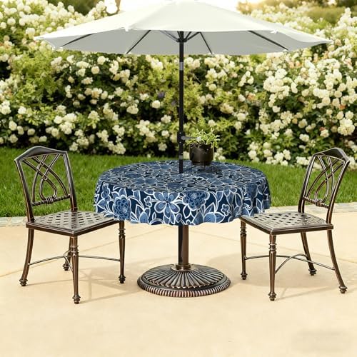 LVTXIII Round Outdoor Tablecloth with Umbrella Hole and Zipper, Water-Repellent 60 Inch Patio Table Cover for Bistro, Garden, Patio & Picnic, Flower Navy - Image 6