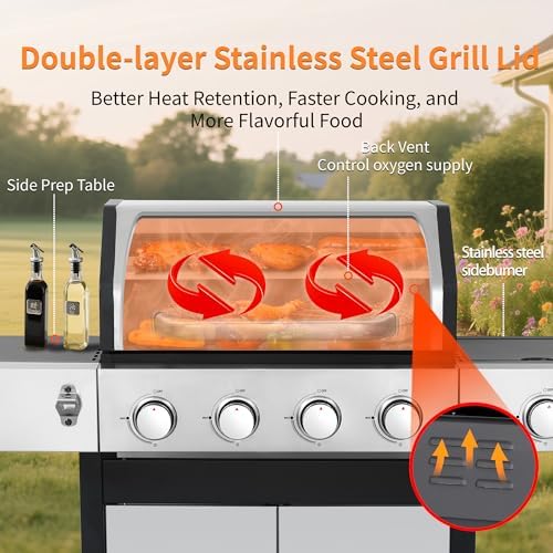 49000 BTU Propane Gas Grill, 4 Burner + Side Burner, Cast Iron Grids - Image 4