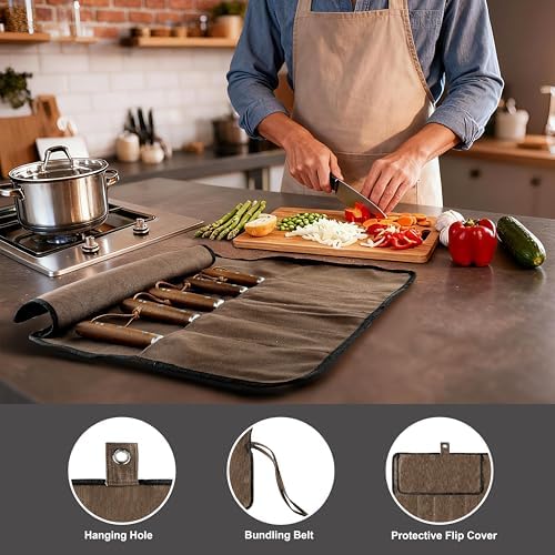 VRUIFA Chef’s Knife Roll Bag, Portable Canvas Cases, Chef Bag With 5 Slots Pockets Can Hold Kitchen Knife Tools Up To 15 Inch - Image 3