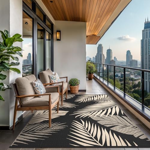 GENIMO Outdoor Rug, Waterproof Plastic Rugs for Patio, 9'x12' Black Beige - Image 4