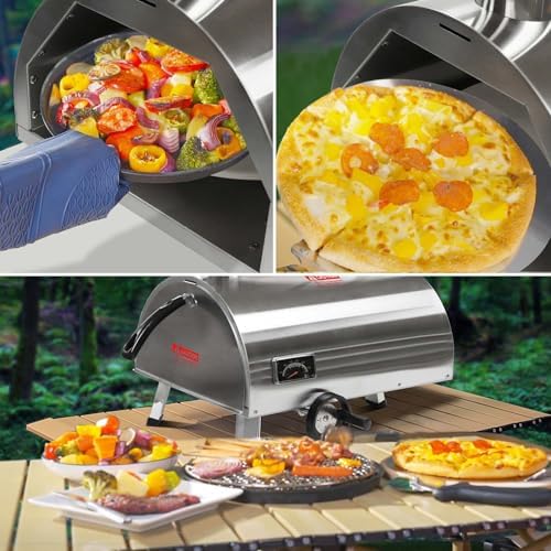 12 Portable Pizza Oven Outdoor, Wood Fired Pizza Oven, Semi-Automatic Burning Pizza Maker Stove with Built-in Thermometer Pizza Stone Peel for Outside Kitchen Backyard (Curved Silver) - Image 7
