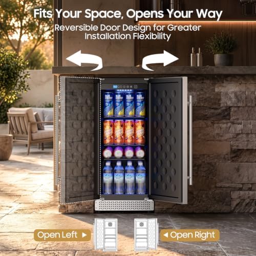 15 Inch Outdoor Fridge, 92 Cans Beverage Refrigerator with Stainless Steel Door Built-In or Freestanding, Outdoor Refrigerator for Patio & Waterproof for Soda Beer Wine-Kitchen Bar Office - Image 6