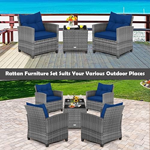 Tangkula 3 Pieces Patio Furniture Set, Outdoor PE Rattan Conversation Chair Set with Tempered Glass Side Table and Removable Cushions, PE Wicker Chairs and Table Set for Porch, Balcony and Garden - Image 5