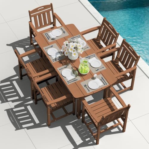 HDPE Outdoor Dining Set, Patio Table and 6 Chairs, 2" Umbrella Hole, Teak by Suunyn