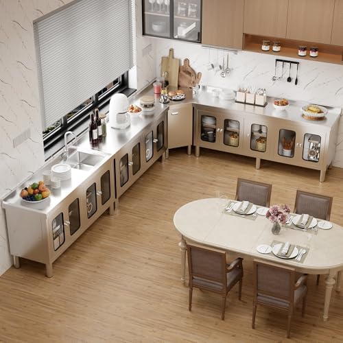 70" Stainless Steel Table Cabinet Heavy Duty Prep Table with 304 Stainless Steel Worktop and 5 Glass Doors Commercial Worktable Workbench with Storage Cabinet for Kitchen Garage Restaurant Outdoor - Image 3