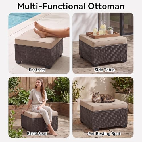 Aoxun 2 Piece Patio Sofa Ottomans with 4" Thick Cushions, Wicker Outdoor Couch Extension Set, All-Weather Rattan Seating Accessory for Backyard Furniture, Beige - Image 5