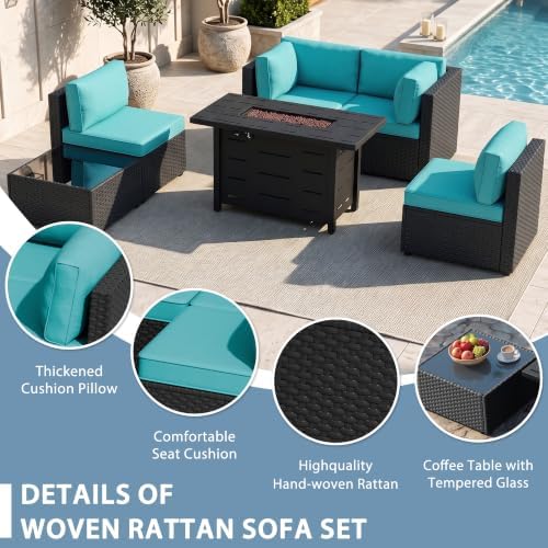Shintenchi 6 Piece Outdoor Patio Furniture Set with 43 Inch Propane Fire Pit, Washable Cushions, Glass Coffee Table, Waterproof Cover & CSA Certified for Backyard Poolside, Black PE Rattan/Blue - Image 4