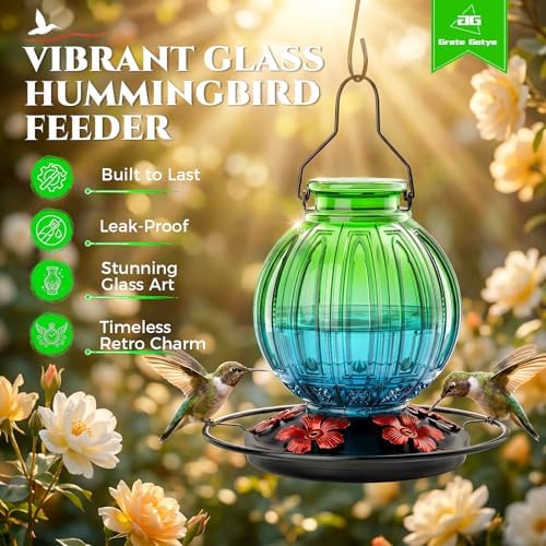 Glass Hummingbird Feeder for Outdoors Hanging, Bird Nectar Feeder with Perch & 5 Flower Feeding Ports, 26 Oz Leak Proof for Outside Garden Decor Backyard, Gifts for Women Mom, Green & Blue - Image 6
