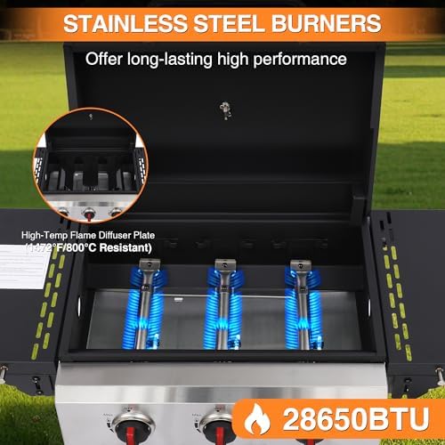 3-Burner Propane Gas Grill with Cast Iron Grates, 38200 BTU output,Foldable Side Shelves for Portable Outdoor Patio Camping, Black (3 Burner) - Image 6