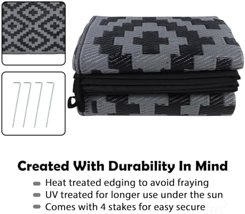 SAND MINE Waterproof Outdoor Rug, Plastic Reversible Rug, Modern Area Rug, Large Floor Mat for Outdoors, RV, Patio, Backyard, Deck, Picnic, Beach, Camping (8' x 8', Black Grey Lattice) - Image 4