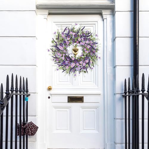 Sggvecsy Purple Daisy Wreath 24 Inch Spring Summer Wreath with Fake Silk Floral Green Eucalyptus Leaves and Lavender for Front Door Window Wall Wedding Farmhouse Festival Decor - Image 4