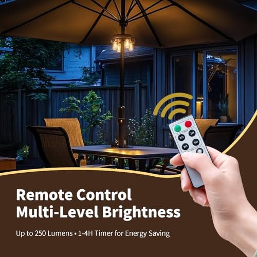 Dark Wood Grain Patio Umbrella Light with Remote Control, Rechargeable Cordless LED Edison Bulbs Pole Light with 10 Brightness Levels for Garden, Patio, Backyard, Camping or BBQ (1 Pack) - Image 3