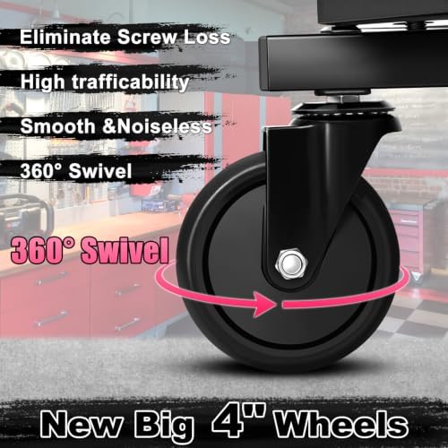 Rolling Stool with Wheels, Adjustable Height Pneumatic Garage Work Mechanic Stool Seat with Backrest, 400 LBS Capacity 360° Swivel Mechanic Crepper Chair with Tool Tray Storage, Pink - Image 6