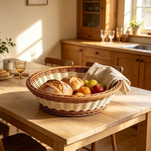 RT&BS Round Wicker Bread Basket, Round Wicker Fruit Basket, Woven Egg Baskets, Reusable Handwoven Storage Baskets for Living Room, Kitchen, Store, Restaurant, Outdoor, Party (Bicolor, S) - Image 6