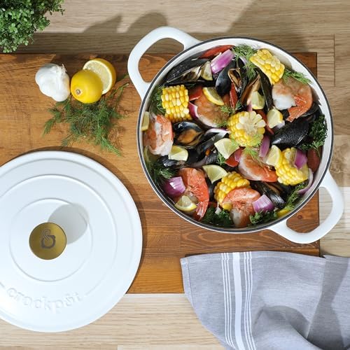 Crock Pot Artisan 6-Quart Round European Enameled Dutch Oven Pot With Lid - Matte Linen White w/Gold Knob - Image 2