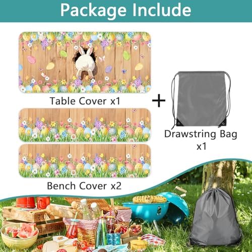 Easter Picnic Table Cover with Bench Covers, Cute Bunny Flower Brown Wooden Board Camping Tablecloth, Waterproof Windproof, Fitted Tablecloth Cover with Elastic Edge, for Outdoor, 3 PCS, 30x96 Inch - Image 5