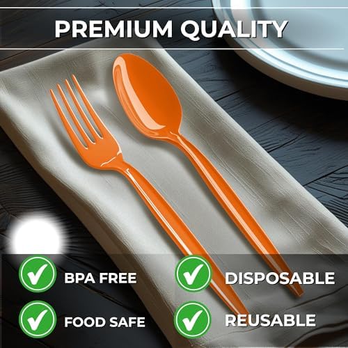 Orange Plastic Spoons (24 Pack) - Durable Disposable Tableware Flatware Cutlery Utensils Set for Fall, Thanksgiving, Halloween, Birthday, Picnic, Catering & Theme Party Event Supplies, Blue Orchards - Image 5
