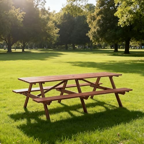 94.5" Picnic Table with Bench for 12 Person Extra Large Rectangle Outdoor Wooden Outdoor Picnic Tables for Patio Garden Backyard Large Outside Dining Table Set with Umbrella Hole by QUAWIP