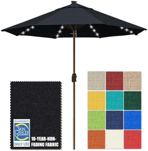 EliteShade USA 10-Year-Non-Fading 10ft Market Patio Umbrella, Commercial Grade Table Sun Umbrella with 80 Solar LED Lights, Crank Open, Windproof & UPF 50+ UV Protection for Garden, Deck, Pool, Backyard, No Tilt, Black by EliteShade
