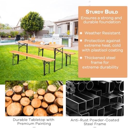 NAFORT 6FT Picnic Table Set, 3-Piece Folding Beer Table & Bench, Portable Wooden Picnic Tables for Outdoors Dining Table Set w/Metal Frame for Patio Garden - Image 7