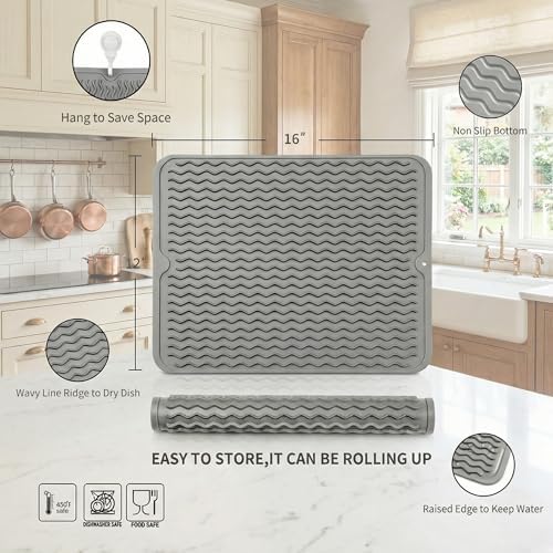 MicoYang Silicone Dish Drying Mat, Grey, 16"×12" - Image 2