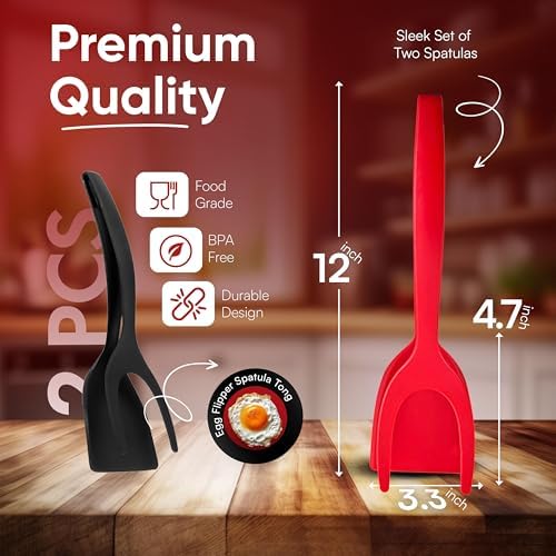 2-in-1 Spatula Tongs Set of 2, Egg Spatula Flipper for Cooking, Easy-Grip Nylon Flipping Spatula for Pancakes, Burgers, Fish and Nonstick Cookware, (Red and Black) - Image 4