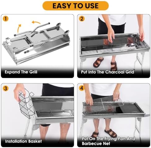 Portable Charcoal Grill, Large Stainless Steel Folding BBQ Grill with Storage Shelf, Foldable Barbecue Grill for Outdoor Cooking Camping Hiking Backyard Garden Picnic Parties Kabob (39x13.4x28 Inch) - Image 5