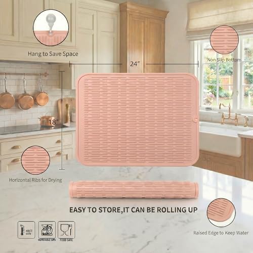MicoYang Silicone Dish Drying Mat for Multiple Usage,Easy clean,Eco-friendly,Heat-resistant Silicone Mat for Kitchen Counter or Sink,Refrigerator or Drawer Liner Pink 2XL 24 inches x 18 inches - Image 2