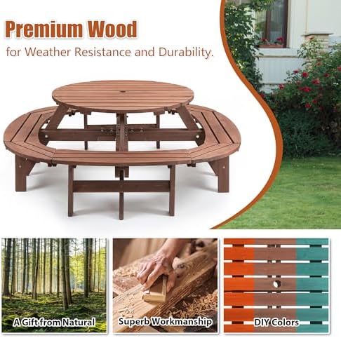 43.3'' Round Outdoor Dining Table Wooden Patio Dining Table & 1 Built-in Ring Stool for 10, 2" Umbrella Hole, Suitable for Backyard Garden Porch, Brown - Image 4