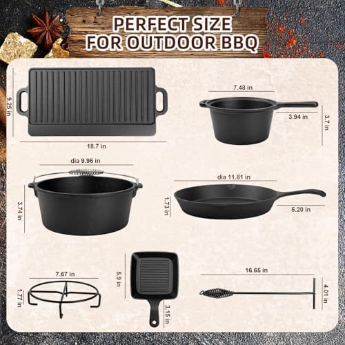 DVK 8 Piece Cast Iron Cookware Set with Vintage Wooden Storage Box, Pre-seasoned Skillets, Dutch Oven and Griddle Kit for Outdoor Camping, RV Trips and Home Kitchen Cooking - Image 2