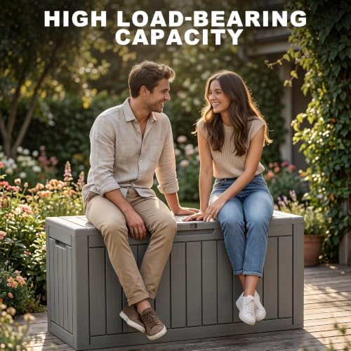 150 Gallon Deck Box, Lockable Waterproof Resin Outdoor Storage Box, Weatherproof Container for Garden Tools, Indoor Cushions & Outside Accessories (Grey) - Image 3
