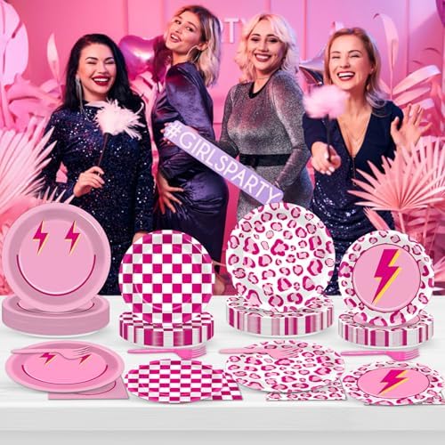96 Pcs Pink Smile Face Party Decorations: Pink Cheetah Plates and Napkins, Checked Paper Plates, Smile Face Leopard Disposable Tableware for Girls Women Bridal Shower Supplies - Image 6