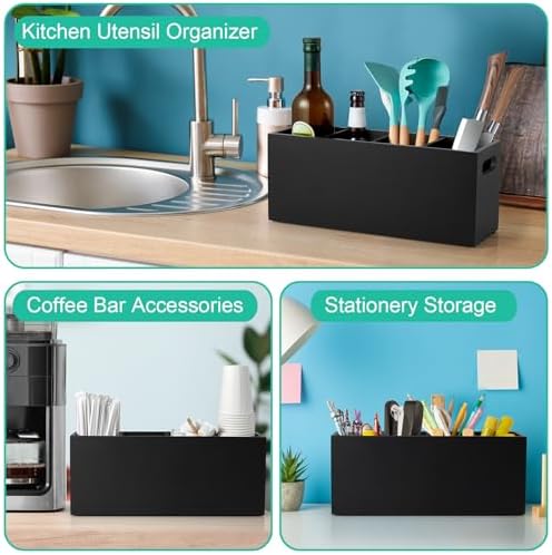 ALELION Large Utensil Holder with Removable Divider - 4 Compartment Wooden Utensil Caddy Organizer for Kitchen Counter - Black Cooking Utensil Crock for Countertop - Image 6