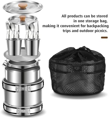 12pcs Outdoor Camping Cookware Kit, Lightweight Stainless Steel Kettle, Non-Stick Pot and pan, with Fork Spoon Kits Suitable for picnics and Backpacking Trips - Image 5