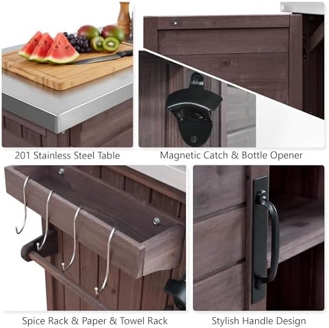 Merax 78.3" Outdoor Kitchen Island with Foldable Grill Table, Wooden Outdoor Grill Cart with Trash Can Storage & Stainless Steel Top, Outdoor Bar Cart, Pizza Oven Table for Lawn & Garden, Dark Brown - Image 6