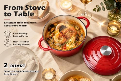 Leonyo 2-Quart Small Enameled Cast Iron Dutch Oven Pot with Lid, Red - Image 5
