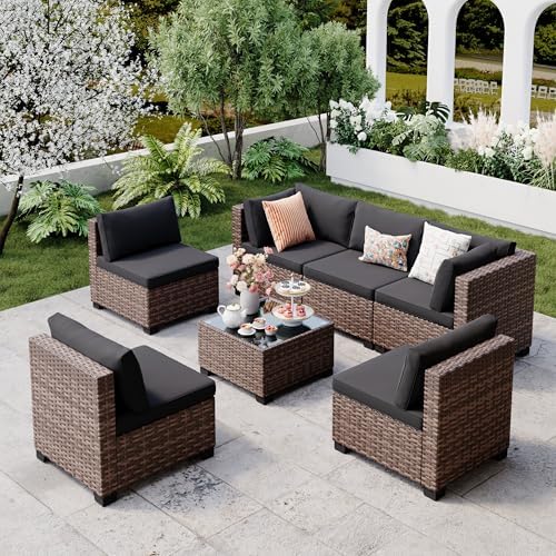 Qsun 7 Pieces Outdoor Patio Furniture Set, All-Weather PE Rattan Outdoor Patio sectional Furniture with Cushions and Glass Table, for Garden, Backyard, Porch, Black by Qsun