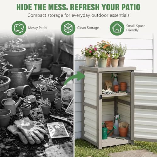 Ketive Outdoor Storage Cabinet, 33.5" H Compact Patio Storage Cabinet with Plastic Door Panels, Wood-Style Frame, 2-Tier Outdoor Organizer for Porch, Balcony, Backyard, Garden Supplies, Gray & White - Image 3